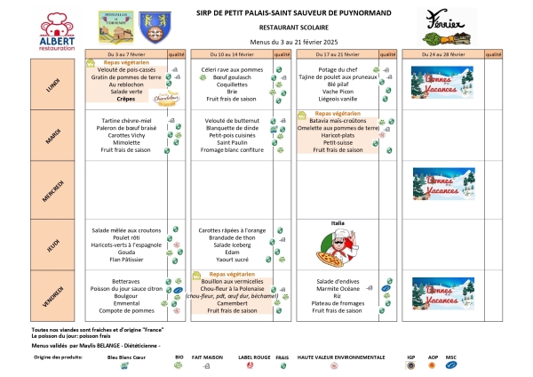 Menus de la cantine - février 2025