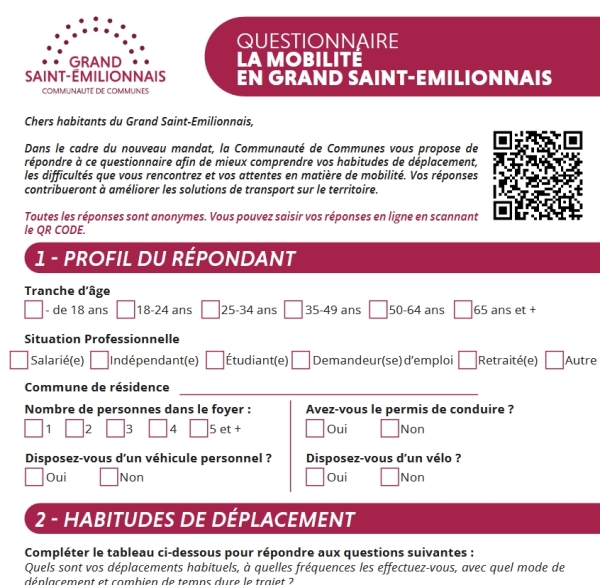QUESTIONNAIRE La mobilité en Grand Saint-Emilionnais